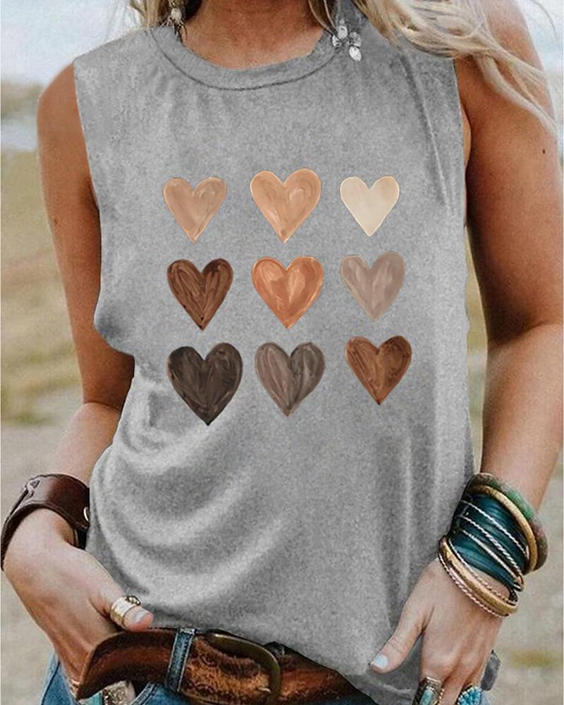

Heart Print Sleeveless O-neck Tank Top, Gray