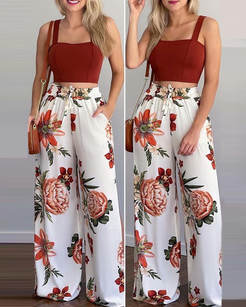 

Plain Tank Crop Top & Floran Print Wide Leg Pants Set, Red