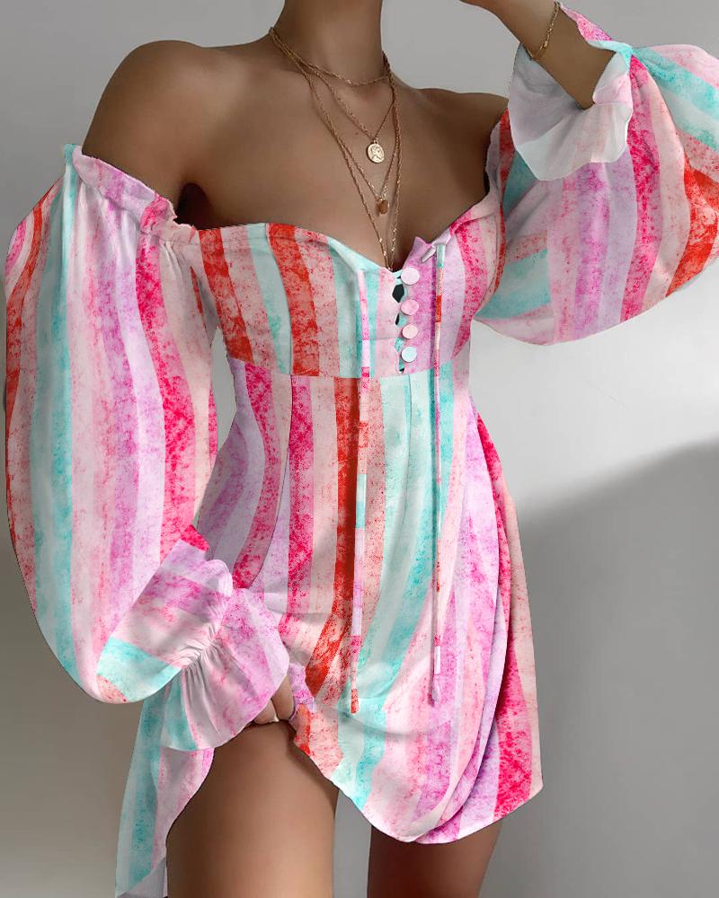 

Colorful Striped Off Shoulder Self Tie Button Design Casual Dress, Multicolor