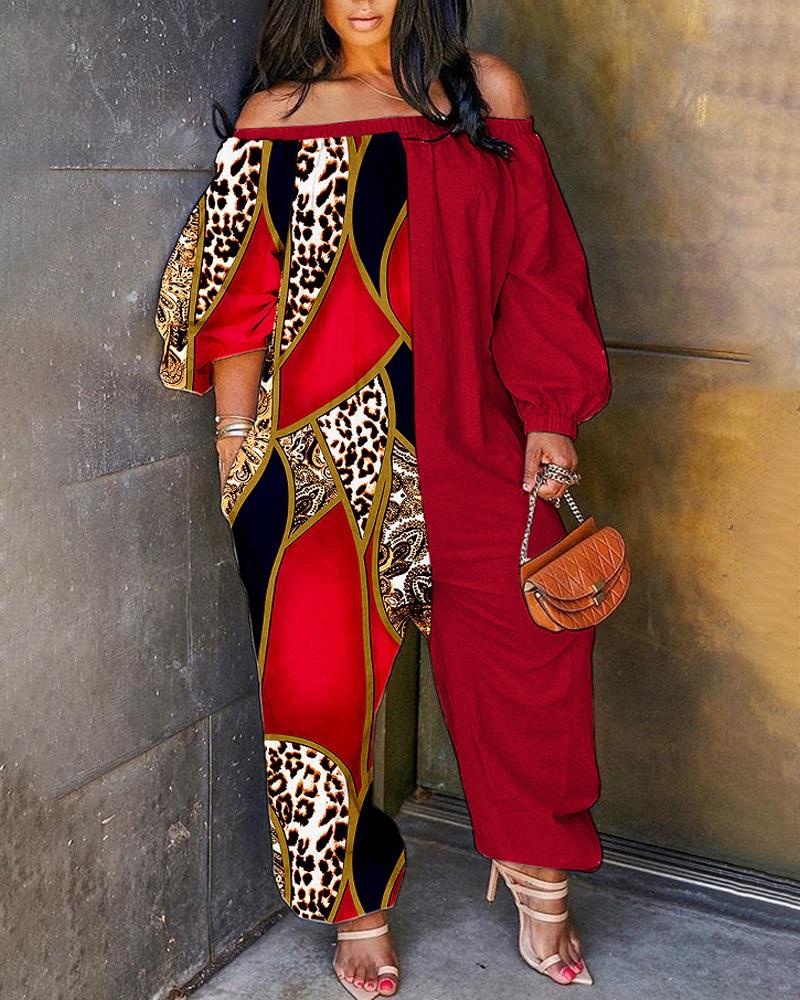 

Plus Size Baroque Leopard Print Colorblock Lantern Sleeve Jumpsuit, Red