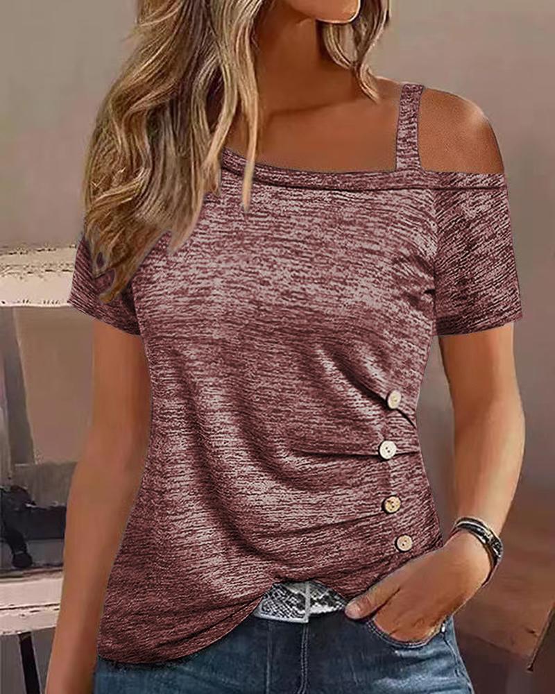 

Cold Shoulder Buttoned Ruched T-shirt, Dark red