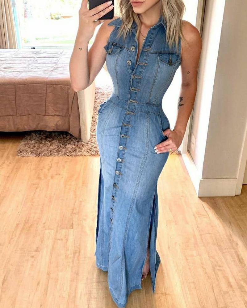 

Sleeveless Button Pocket Design Slit Denim Dress, Blue