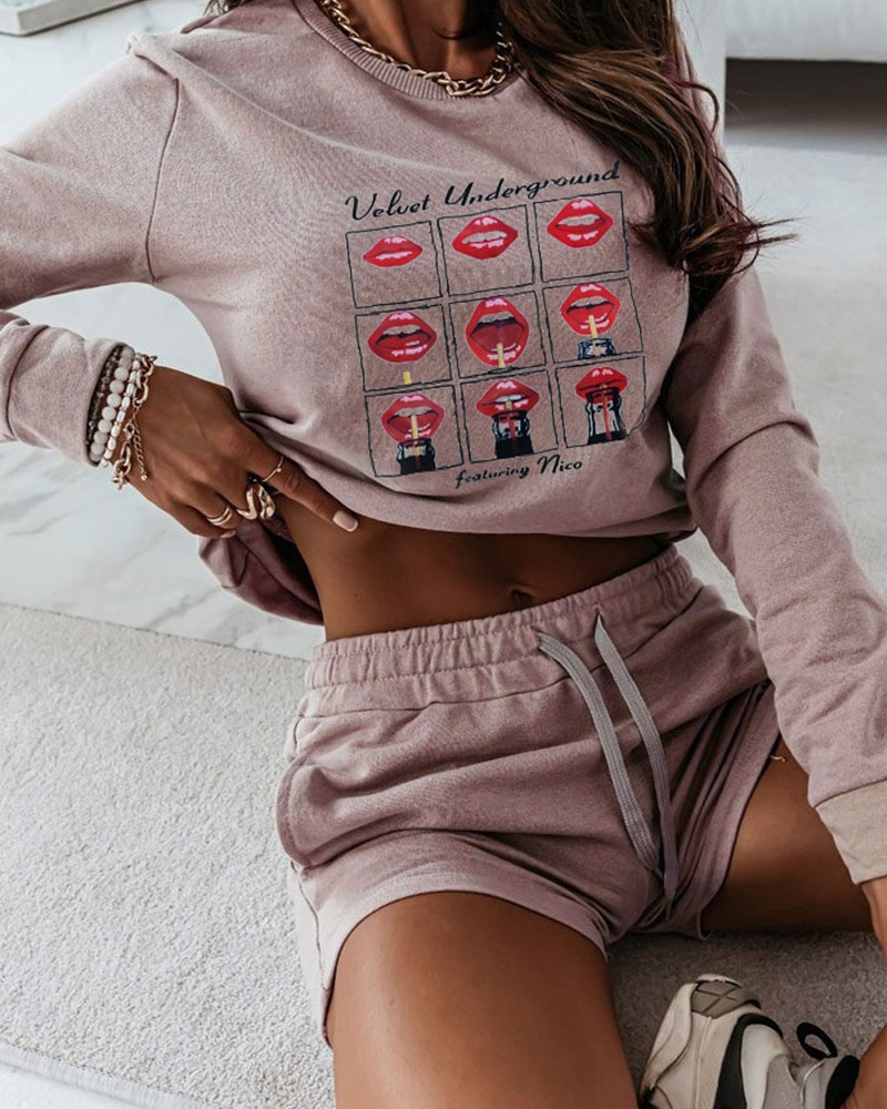 

Lip Print Long Sleeve Top & Drawstring Shorts Set, Khaki