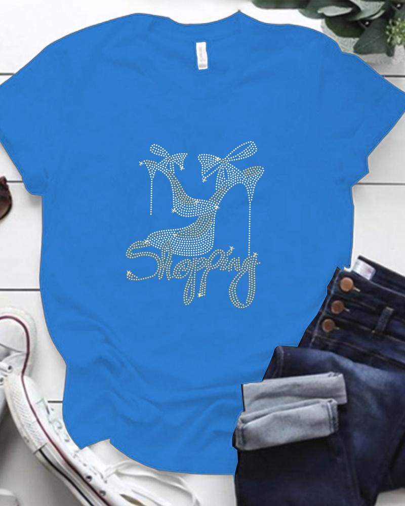 

Christmas Rhinestone Letter Heels Pattern Casual T-shirt, Blue