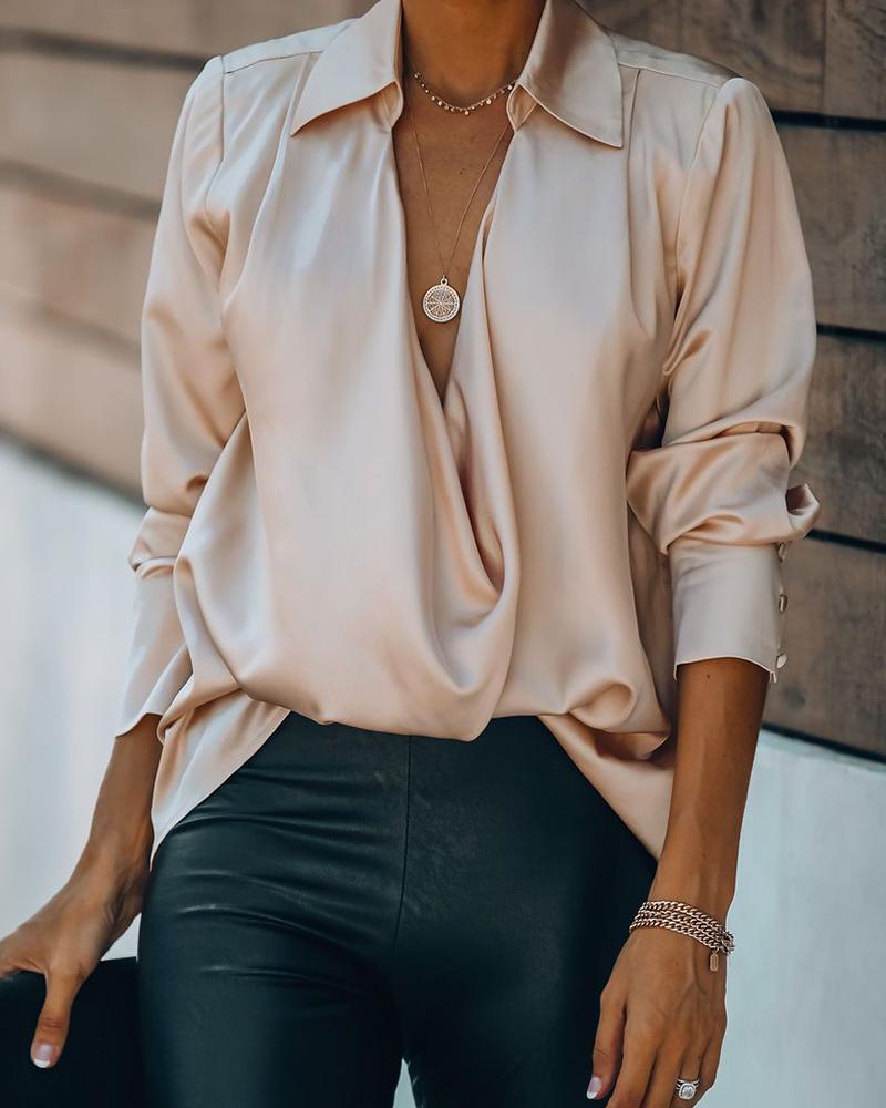 

Solid Long Sleeve Loose Blouse, Champagne