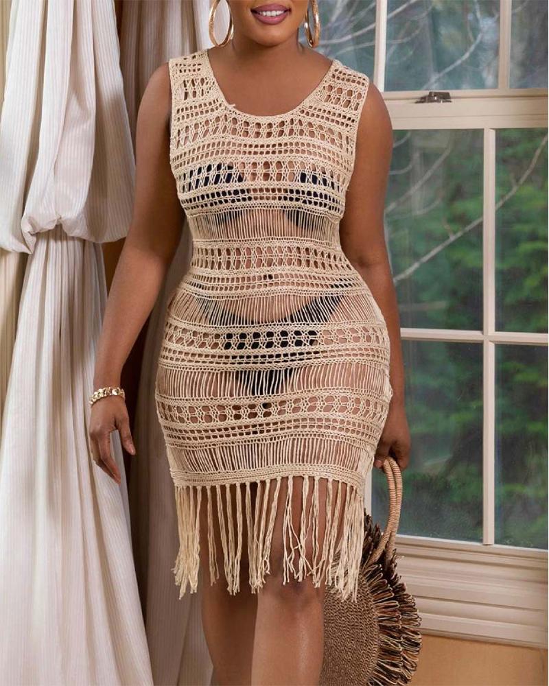 

Crochet Fringe Hollow-Out Cover Up Dress, Brown
