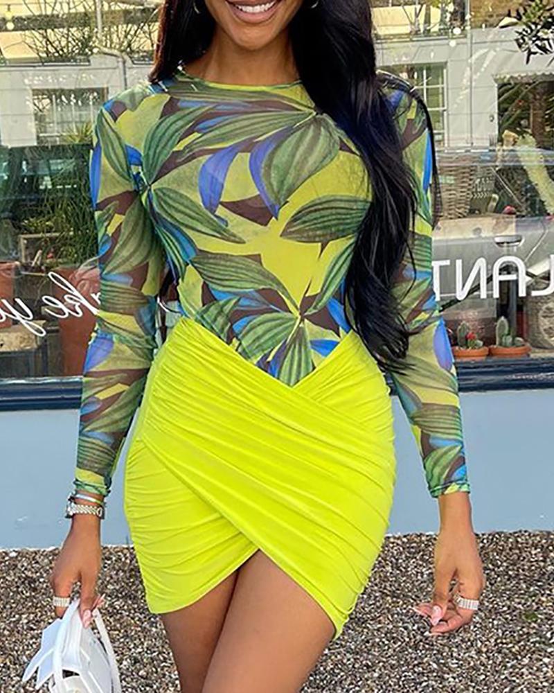 

Leaf Print Long Sleeve Top & Ruched Skirt Sets, Yellow