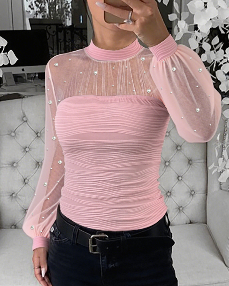 

Pearls Decor High Neck Lantern Sleeve Sheer Mesh Spliced Tee Slim Fit Textured Top, Pink