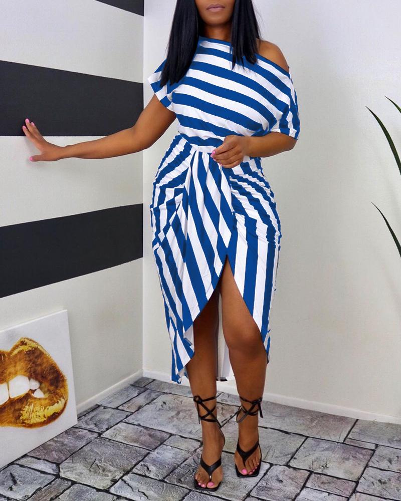 

Striped Print Ruched Slit Casual Dress, Blue