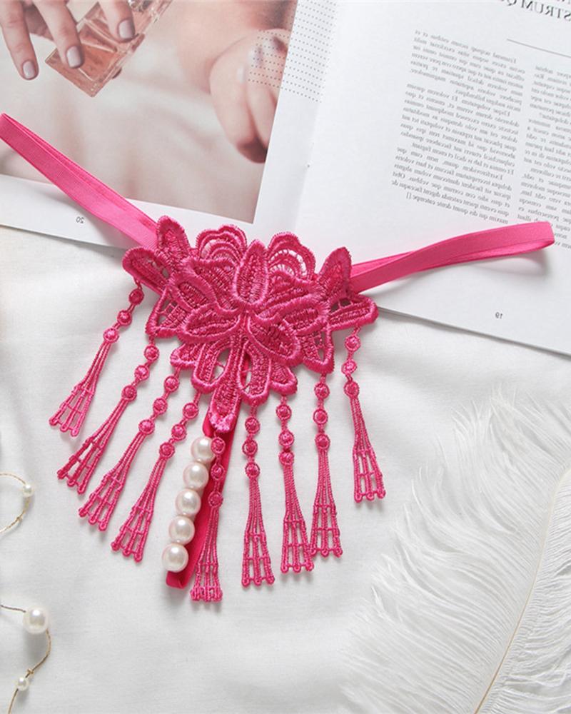 

Sexy Tassel Embroidery Skinny Low Waist Thong Panties, Hot pink