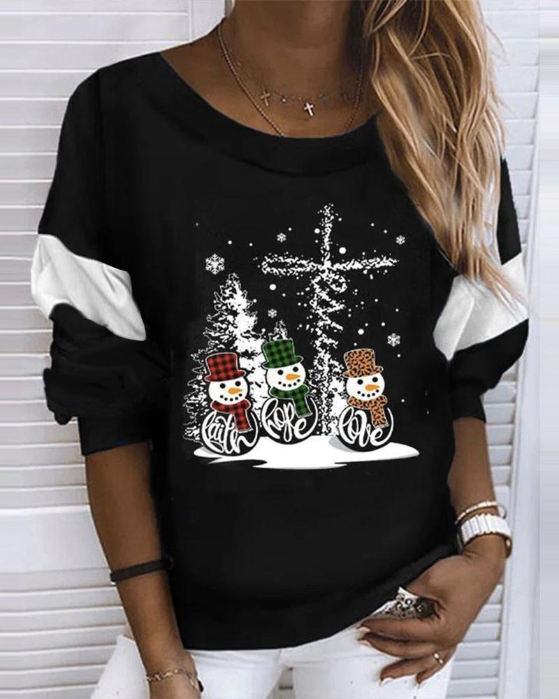 

Christmas Snowman Print Long Sleeve Top, Black