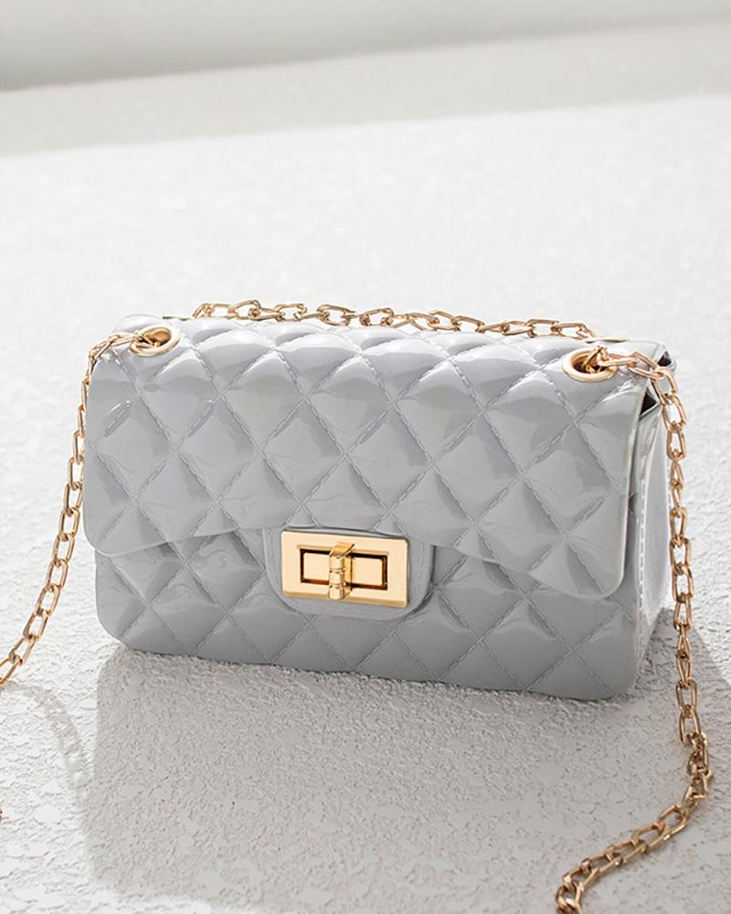 

Quilted Twisted Lock Chain Crossbody Bag, Gray