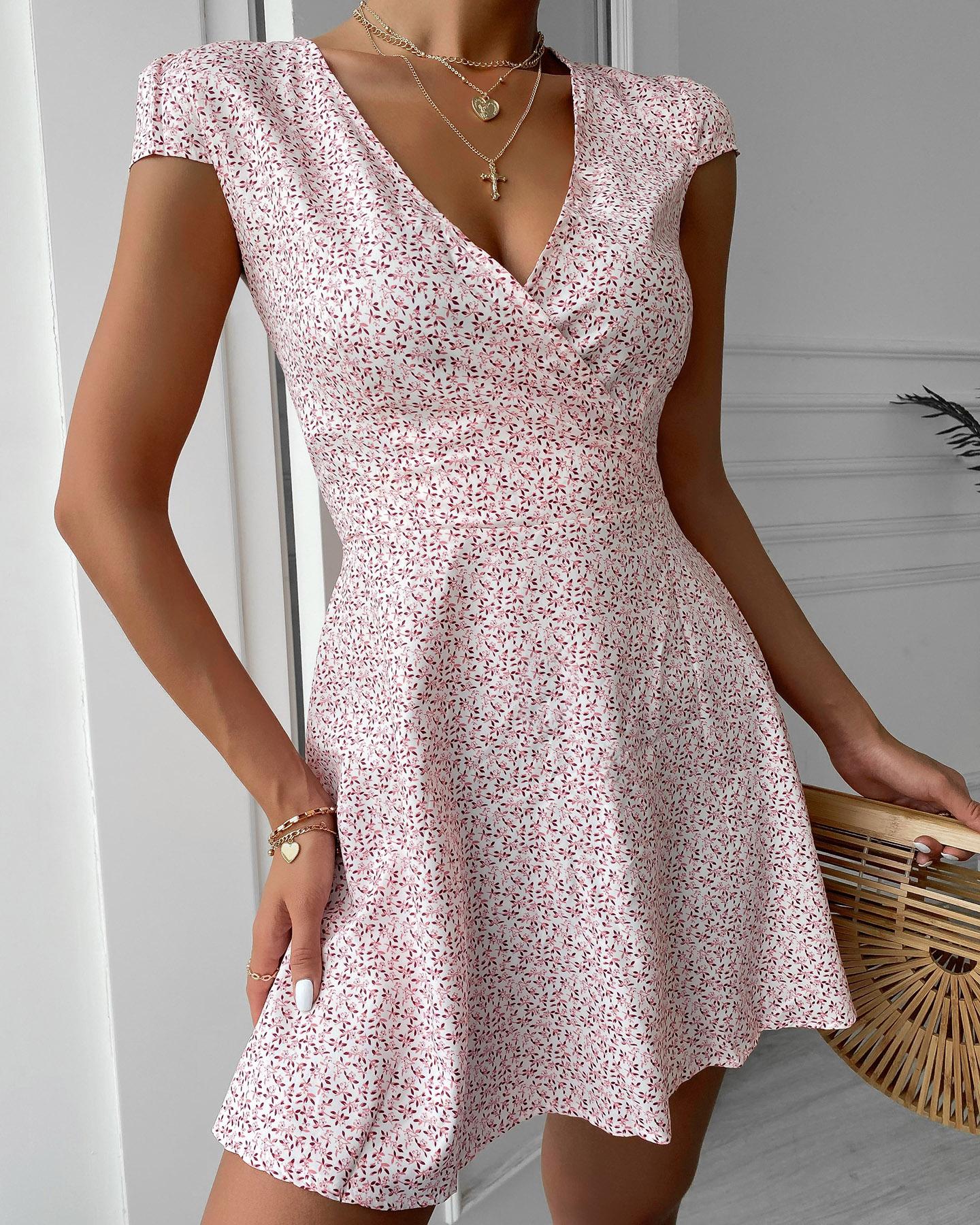 

V-neck Floral Print Wrap Dress, Pink