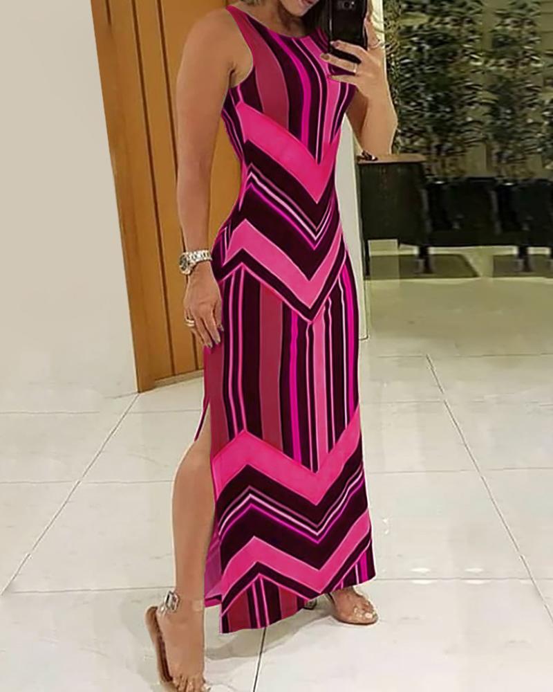 

Colorful Striped Print Side Slit Maxi Dress, Rose red