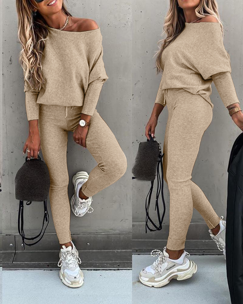 

2PCS Long Sleeve Top & High Waist Drawstring Pants Set, Khaki