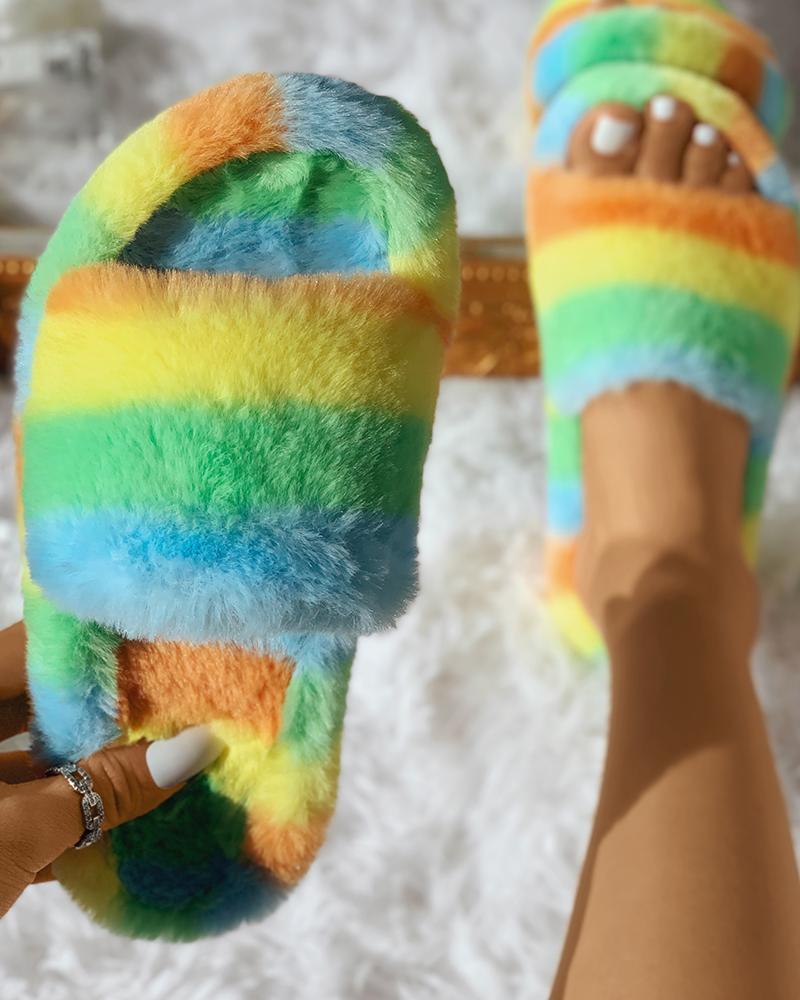 

Colorblock Casual Fluffy Slipper, Multicolor&green