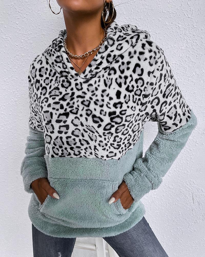 

Pocket Design Leopard Print Fluffy Hoodie, Green