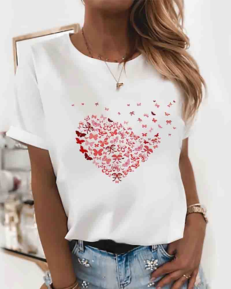 

Heart Shaped Butterfly Print Round Neck Tops Cotton Basic T-shirt, White
