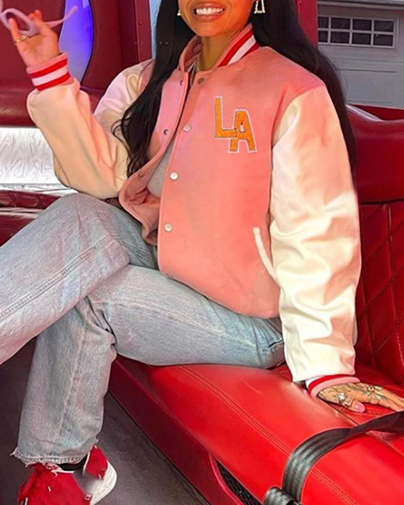 

Letter Pattern Long Sleeve Baseball Jacket, Pink