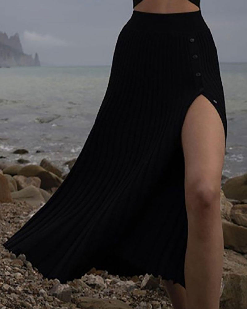 

High Waist High Slit Button Design Skirt, Black