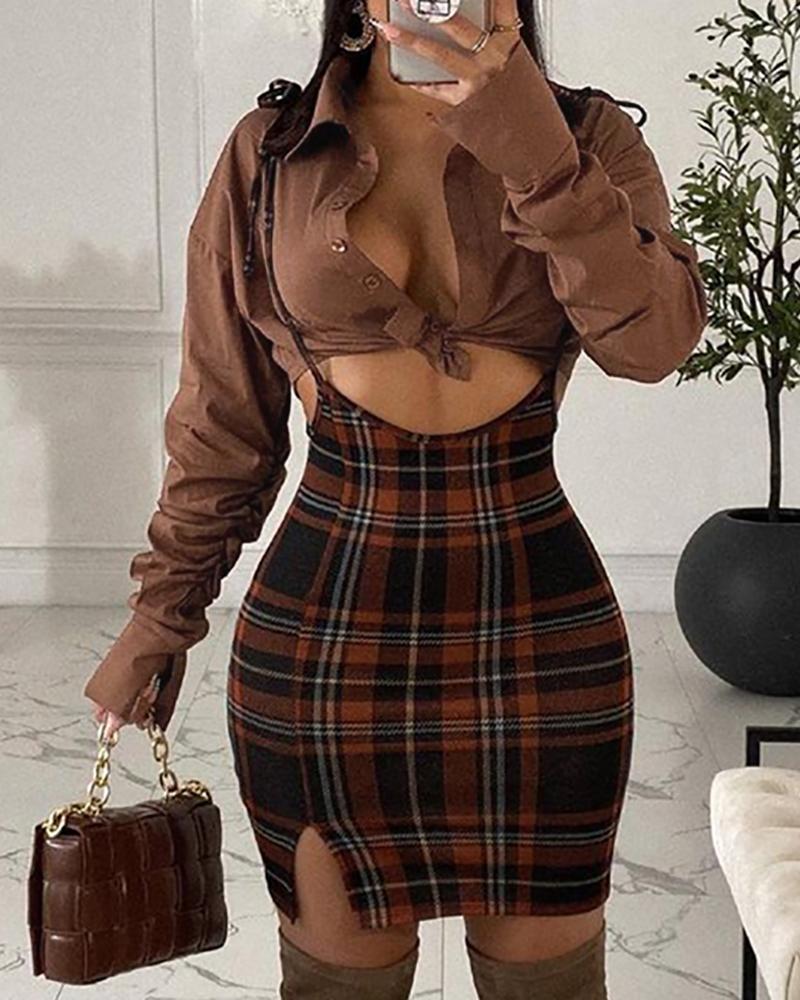 

Long Sleeve Buttoned Top & Plaid Print Slit Pinafore Skirt Set, Brown