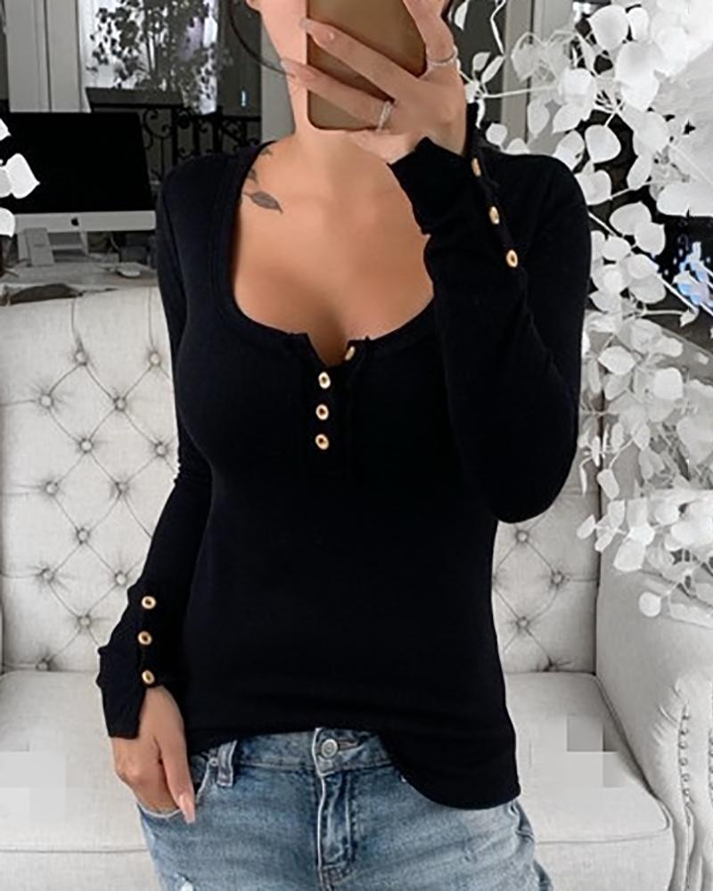 

Buttoned Long Sleeve U-Neck Top, Black
