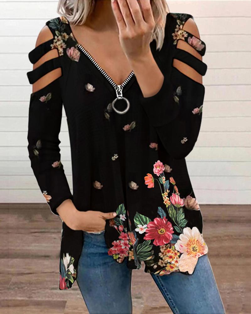 

Floral Print Zipper V-Neck Cut-Out T-Shirt, Style6