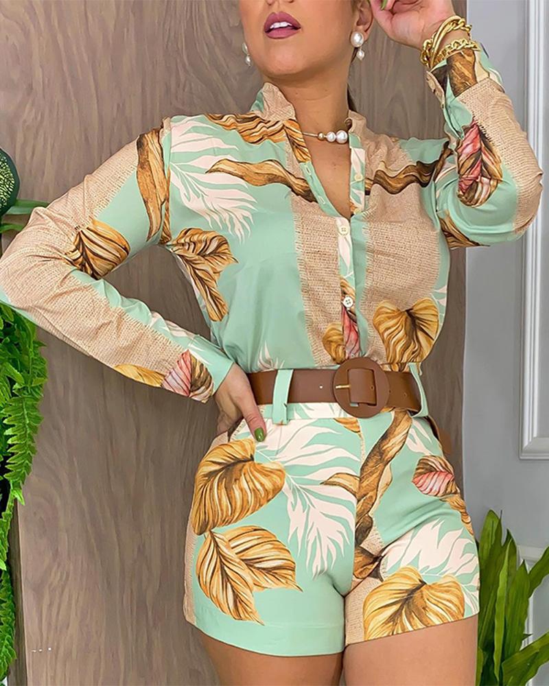 

Tropical Print Long Sleeve Top & Shorts Set, Green