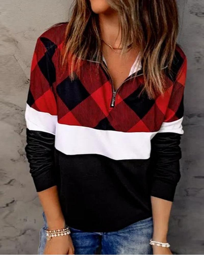 

Plaid Print Colorblock Zip Detail Long Sleeve Sweatshirt, Red