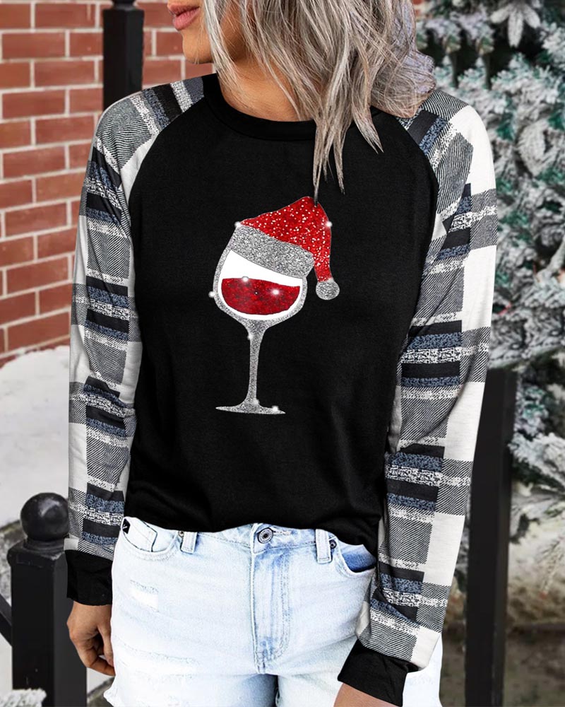 

Christmas Wine Glass Print Long Sleeve Top, Black