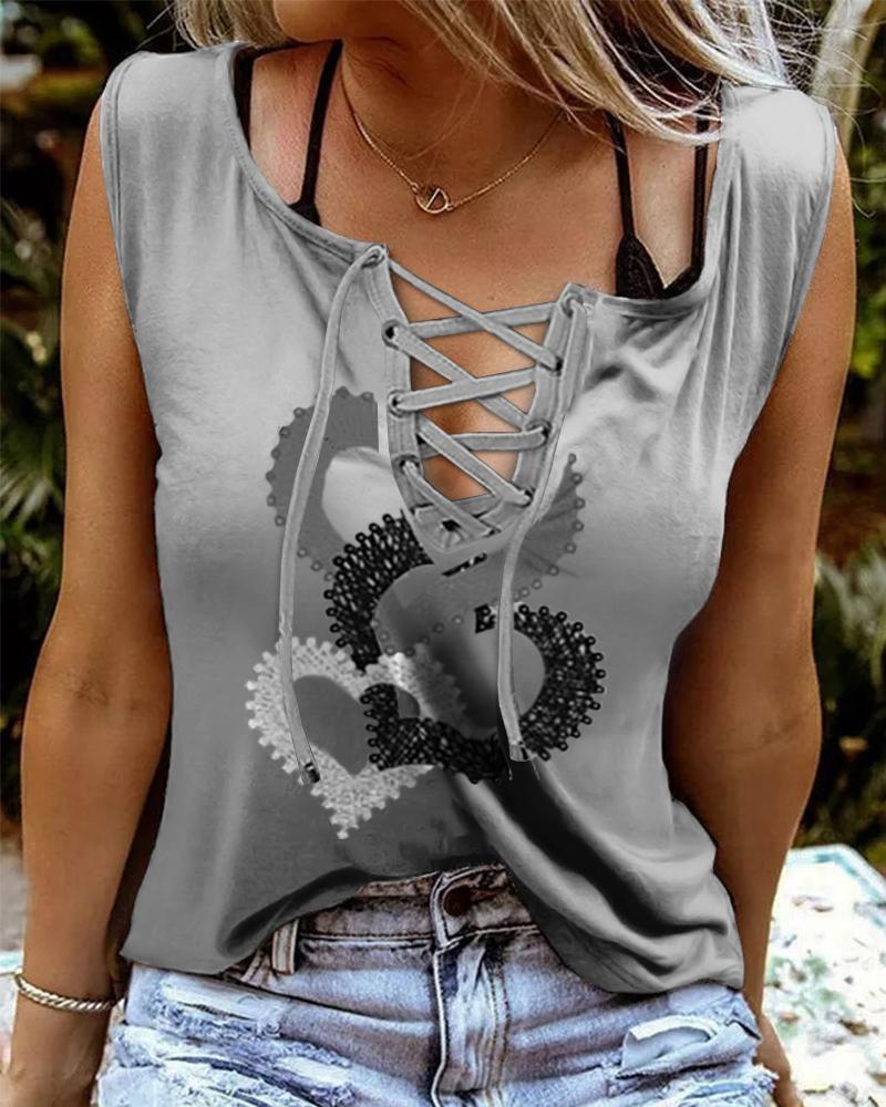 

Heart Print Grommet Eyelet Lace-up Casual Tank Top, Gray