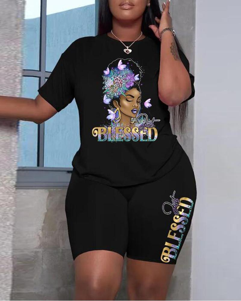 

Figure Letter Butterfly Print Casual Top & Shorts Set, Black