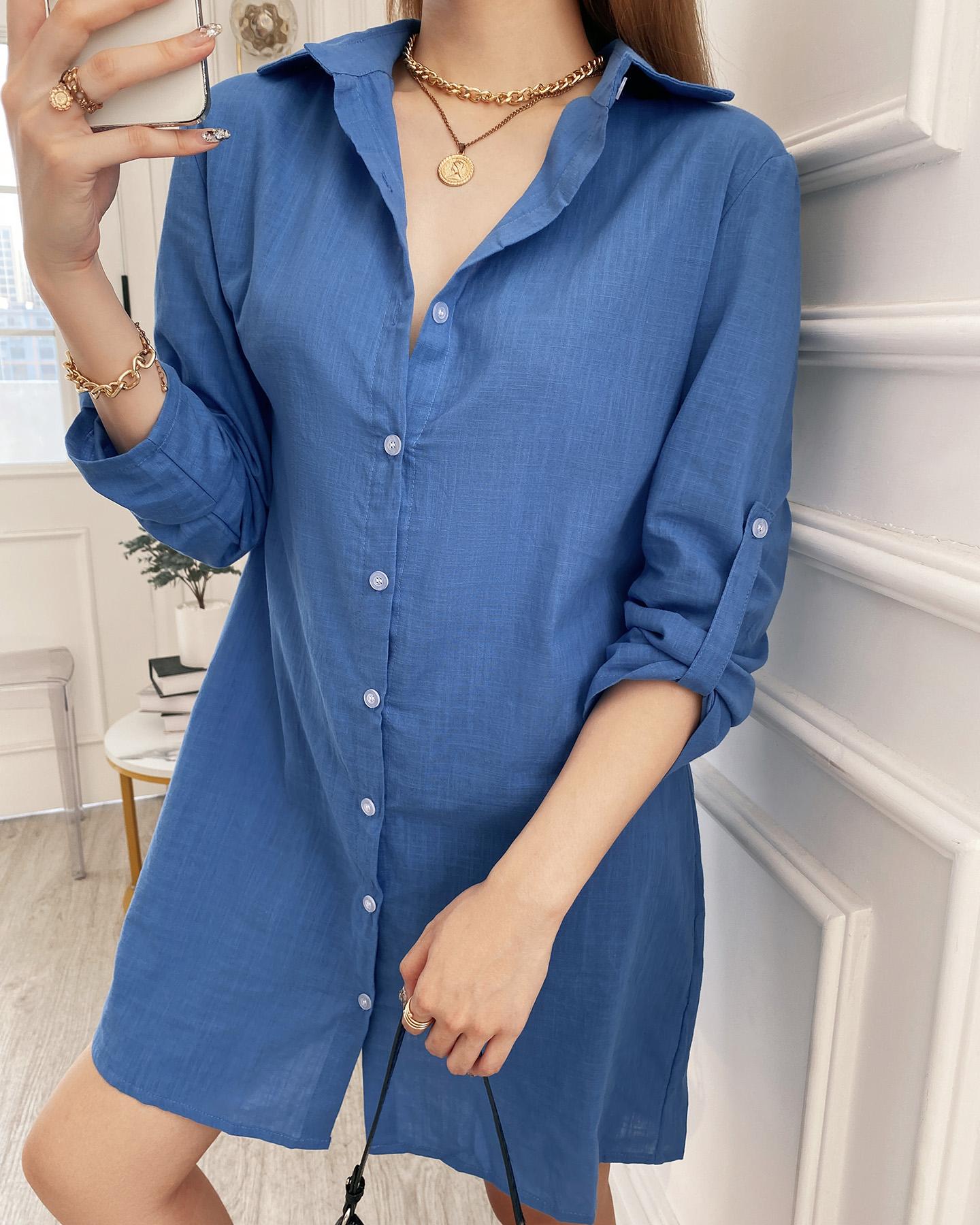 

Button Pocket Design Long Sleeve Shirt Dress, Blue