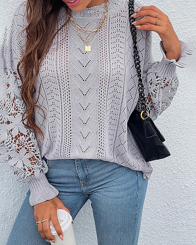 

Guipure Lace Patch Long Sleeve Knit Sweater, Gray