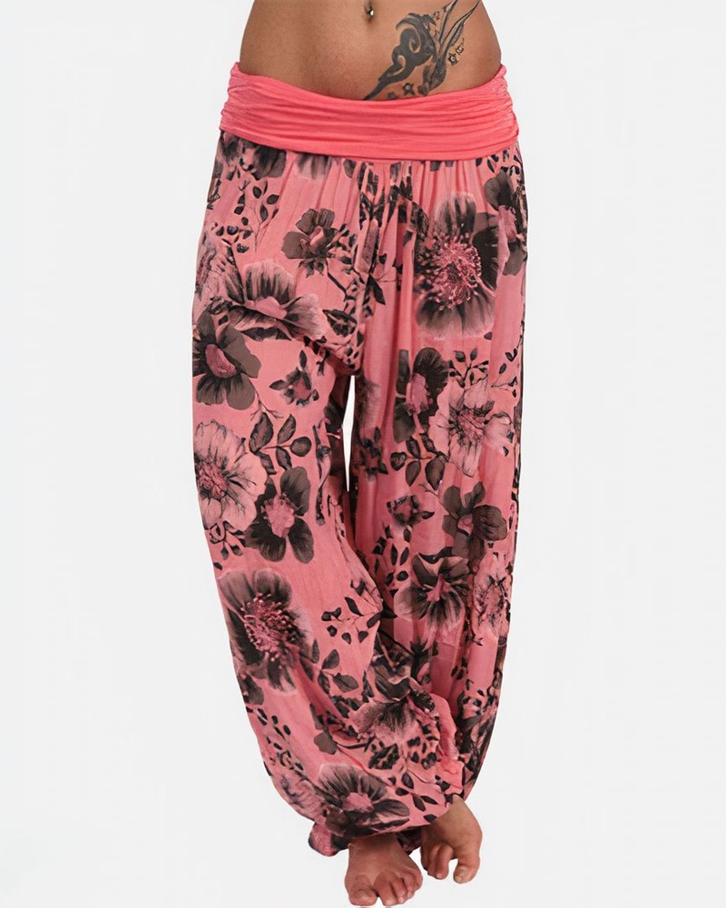 

Floral Print Ruched Low Waist Harem Pants, Pink