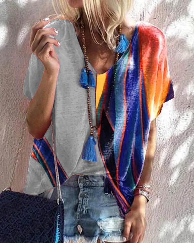 

V Neck Colorblock Short Sleeve T-Shirt, Gray