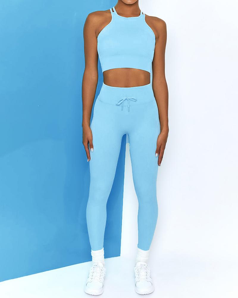 

O-neck Sleeveless Drawstring Sporty Active Set, Blue