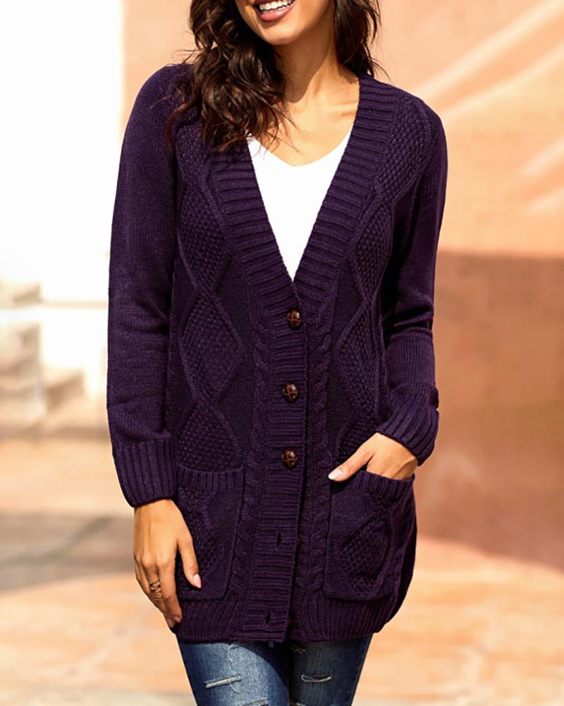 

Pocket Button Design Long Sleeve Braided Knit Cardigan, Purple