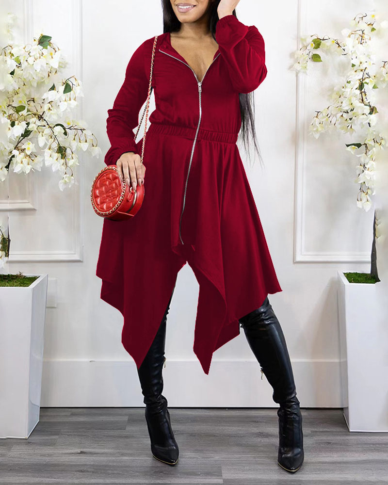

Long Sleeve Zip Up Hooded Asymmetrical Dress, Red
