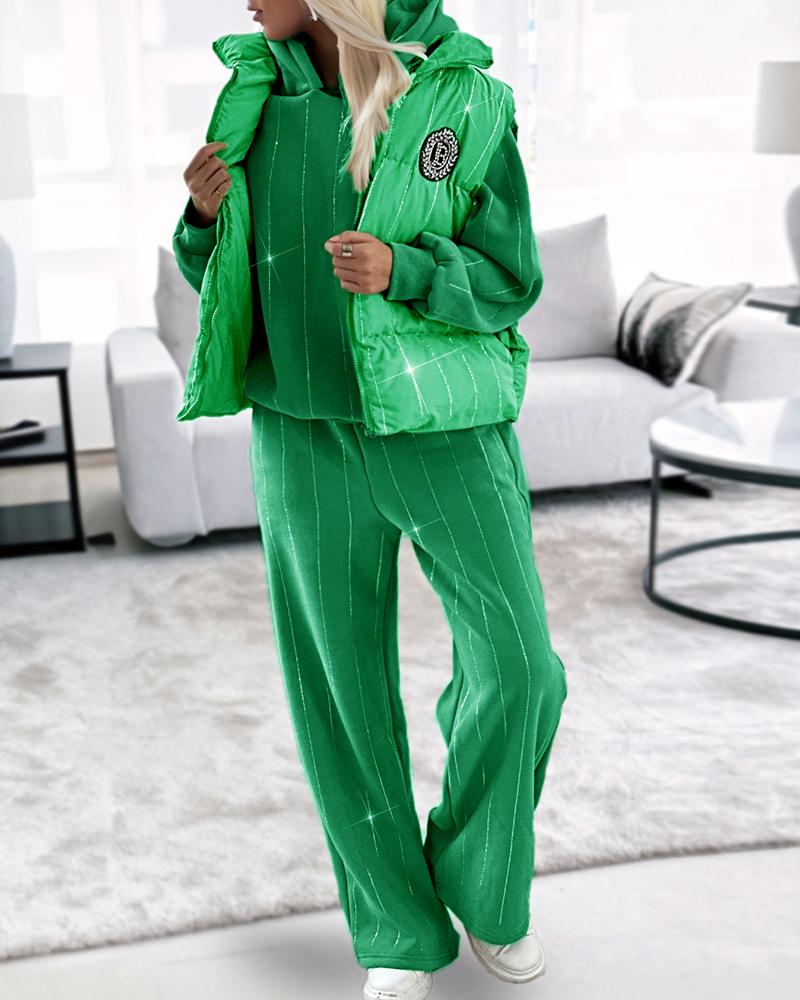 

Rhinestone Letter Pattern Striped Hoodie & Pants Set With Puffer Vest Coat, Green