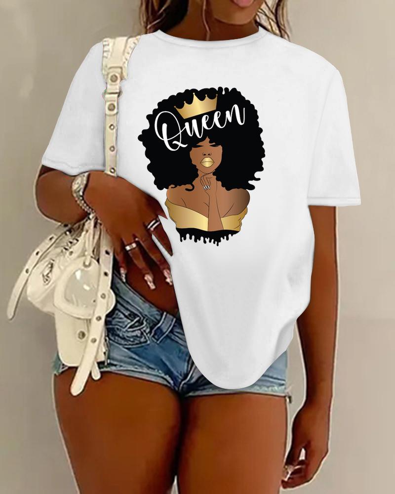 

Plus Size Figure Queen Letter Print Casual T-shirt, White