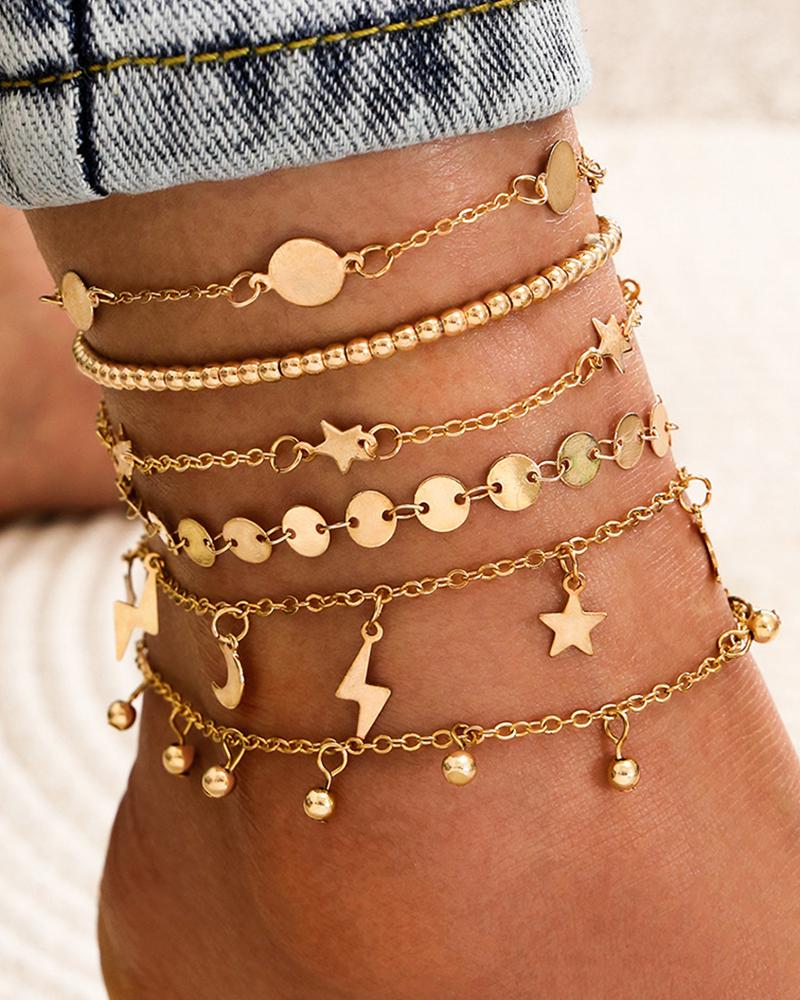 

6pcs Bohemian Stackable Disc Lightning Star Beaded Tassel Chain Anklets Set, Gold