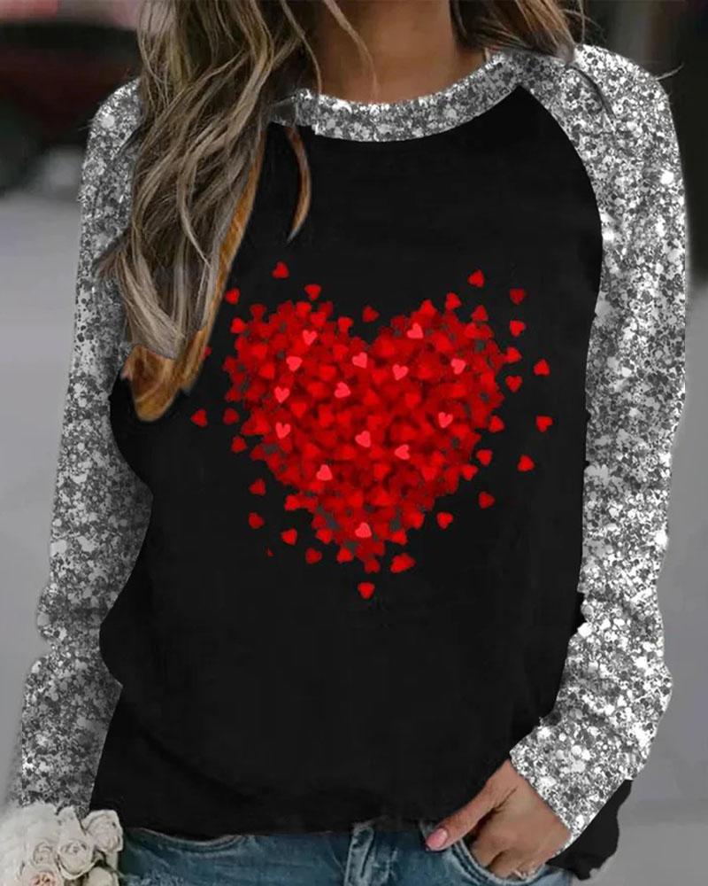 

Heart Print Long Sleeve Casual Top, Black