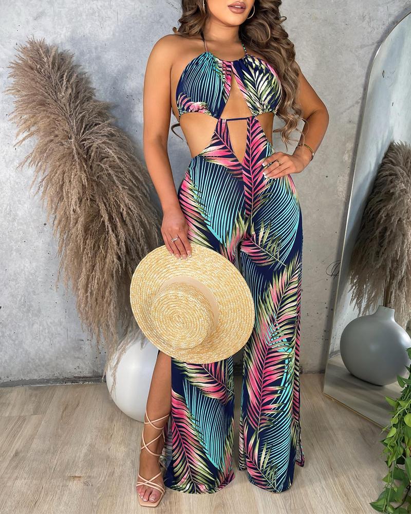 

Tropical Print Halter Backless Cutout Slit Wide Leg Jumpsuit, Style1