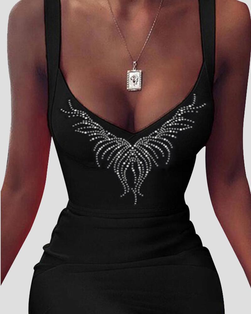 

Solid Color Splicing Rhinestone Sling Skinny Mini Dress, Black