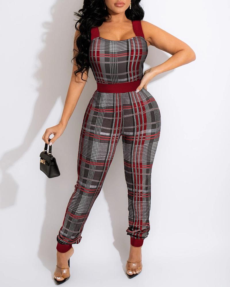 

Plaid Print Thick Strap Jumpsuit, Multicolor
