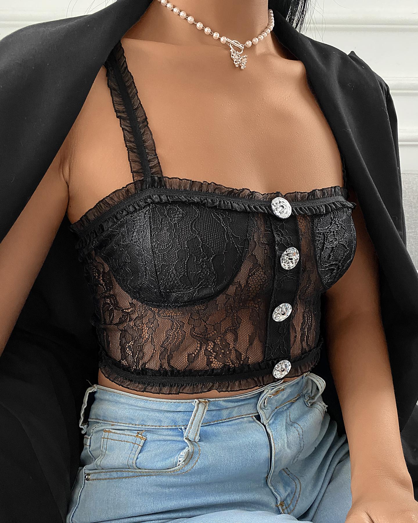 

Rhinestone Decor Crochet Lace Crop Top, Black