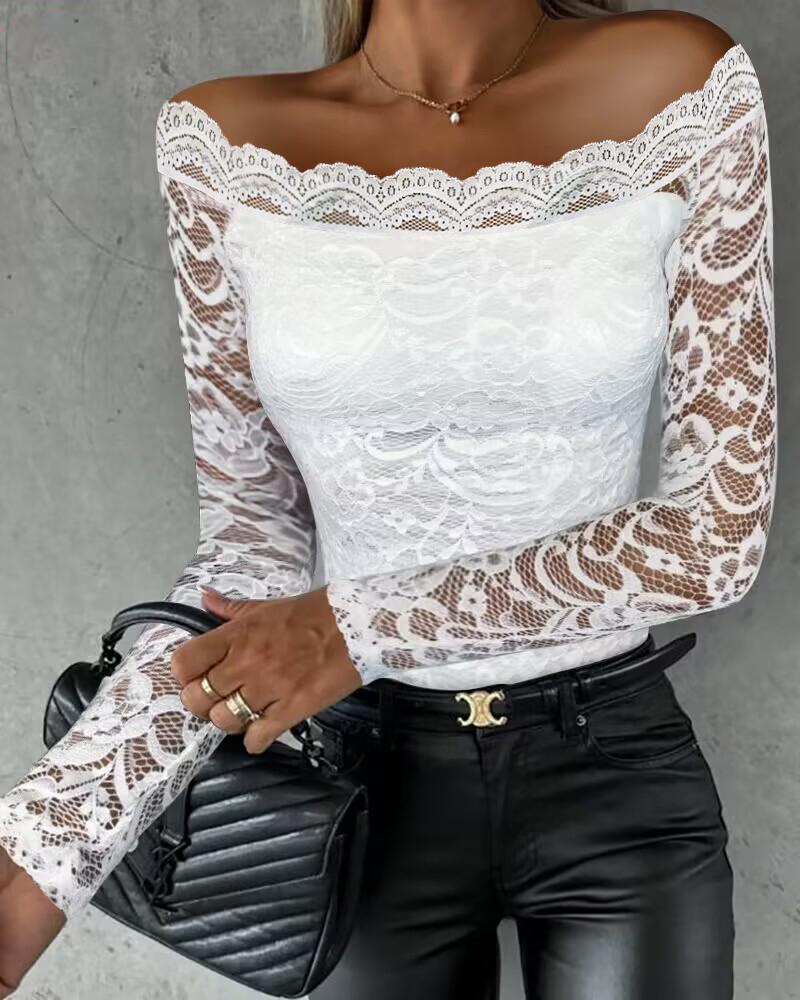 

Off Shoulder Long Sleeve Lace Top, White