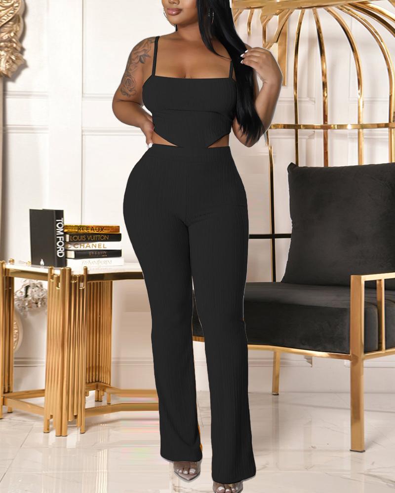 

Tied Detail Backless Hanky Hem Crop Cami Top & Pants Set, Black