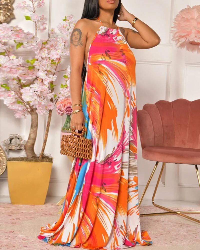 

Butterfly Pattern / Colorblock Halter Backless Maxi Dress, Orange